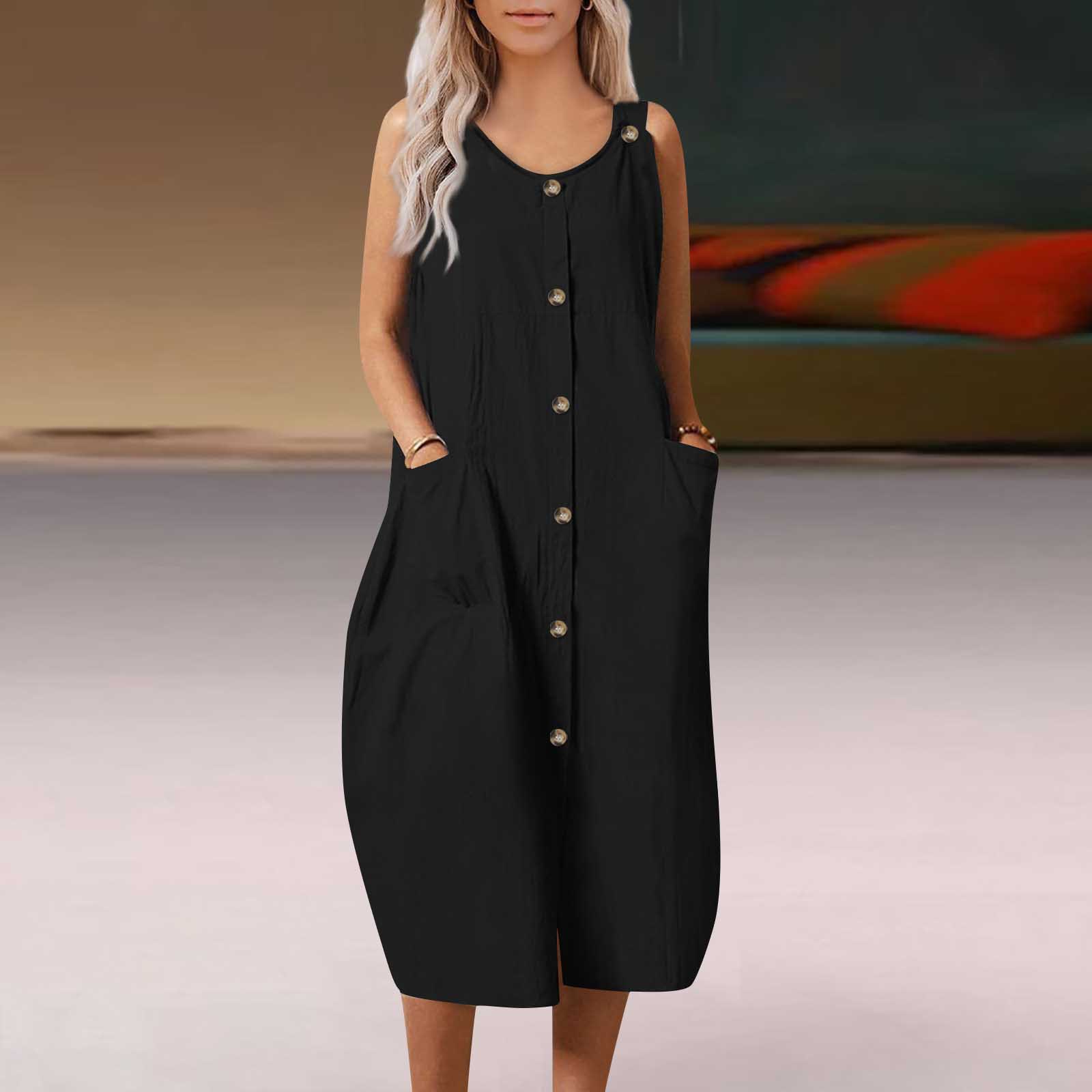 Women's Solid Color Loose Casual Button-Front Strap Dress Long