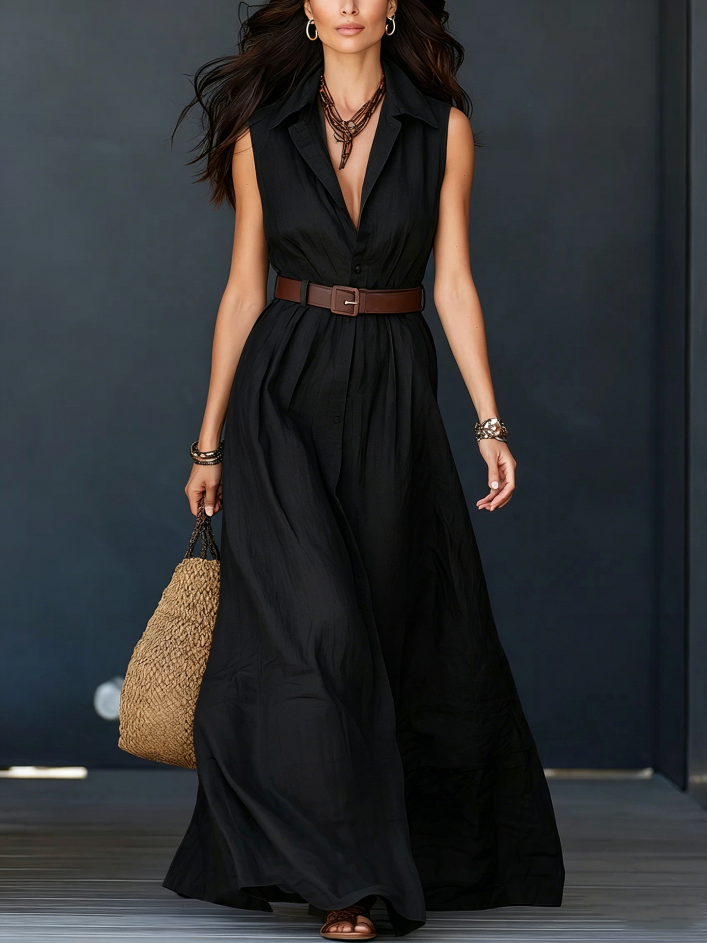 Women's Belted Collared Shirt Dress High Waist A-Line Long Dress