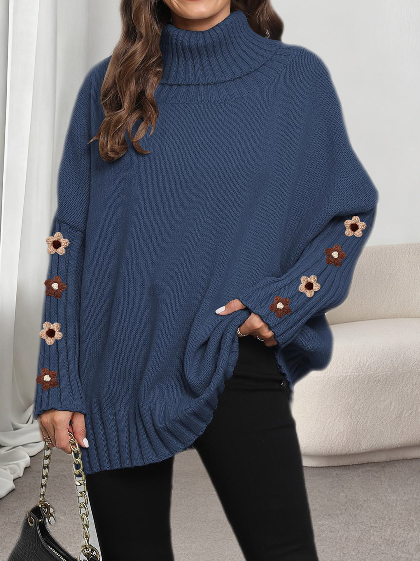 Women's Knit Turtleneck Sweater Solid Color Loose Fit Pullover Top