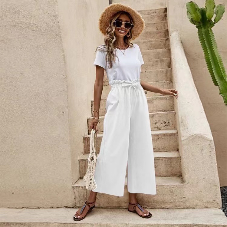 Women's Summer Cotton-Linen Wide-Leg Cropped Pants with Belt