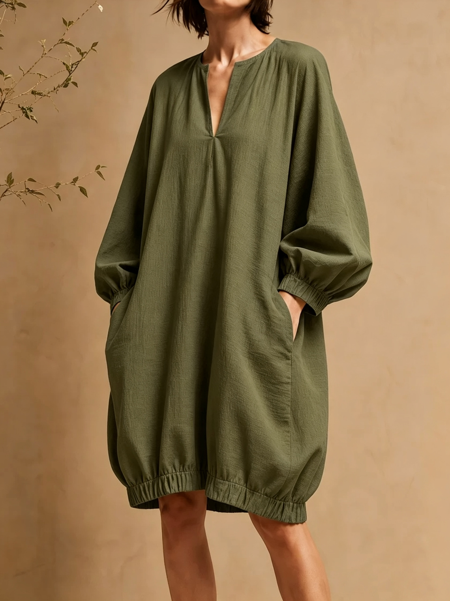 Women's V-Neck Loose Midi Dress with Lantern Sleeves