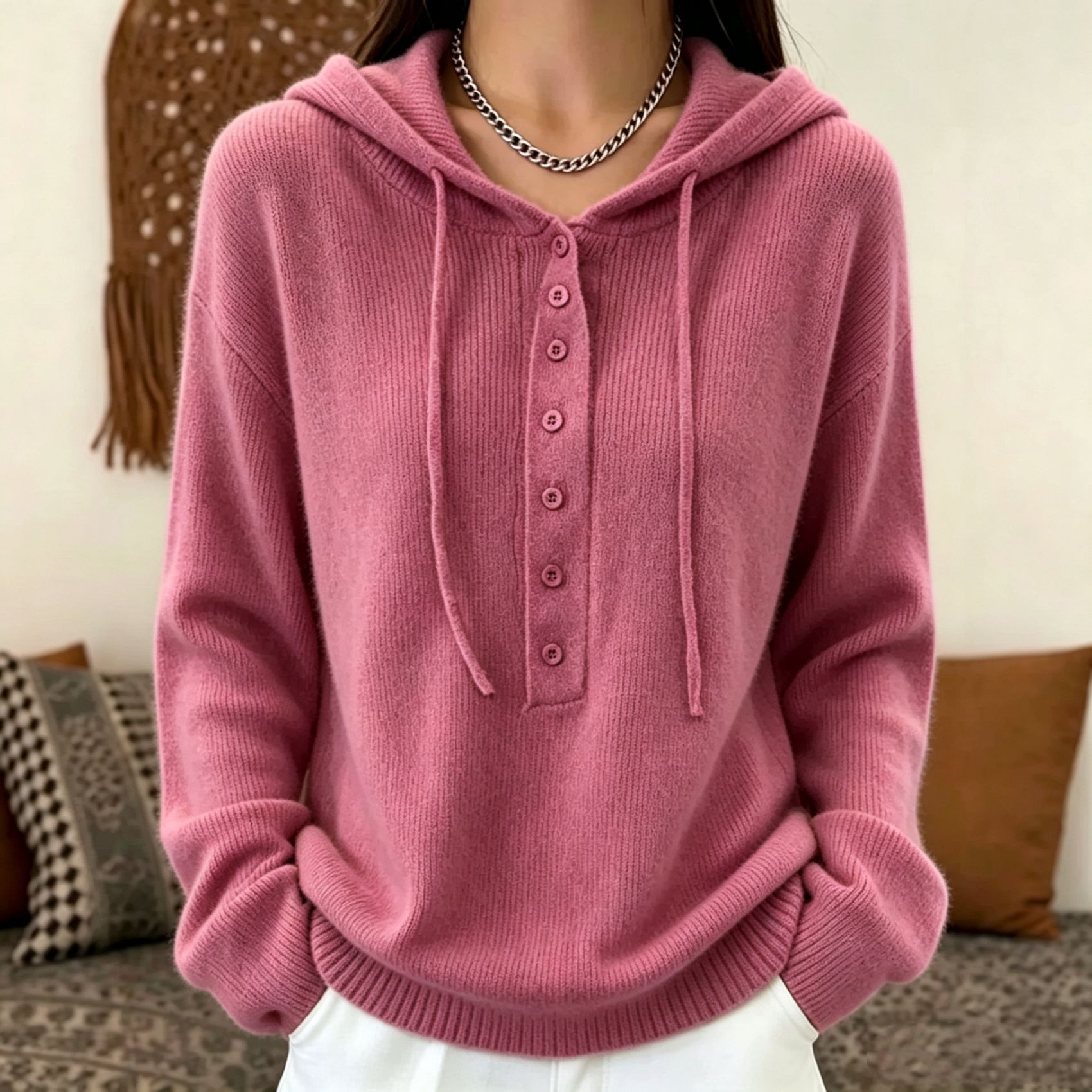 Women's Solid Color Long Sleeve Hooded Lace-Up Knit Pullover Sweater