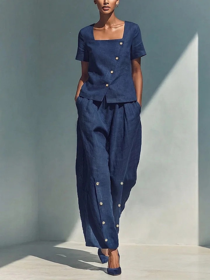 Women's Cotton-Linen Short Sleeve Top and High-Waist Pants Set