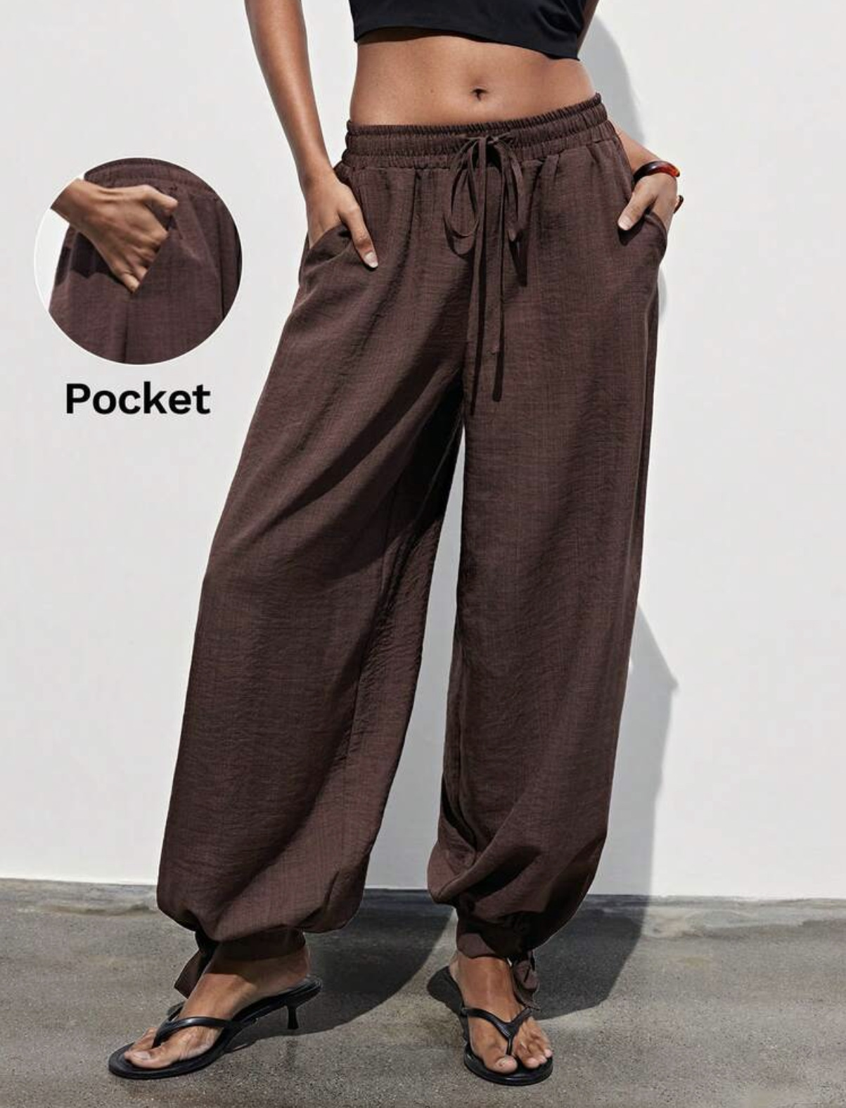 Women's Solid Drawstring Waist Harem Pants with Pockets