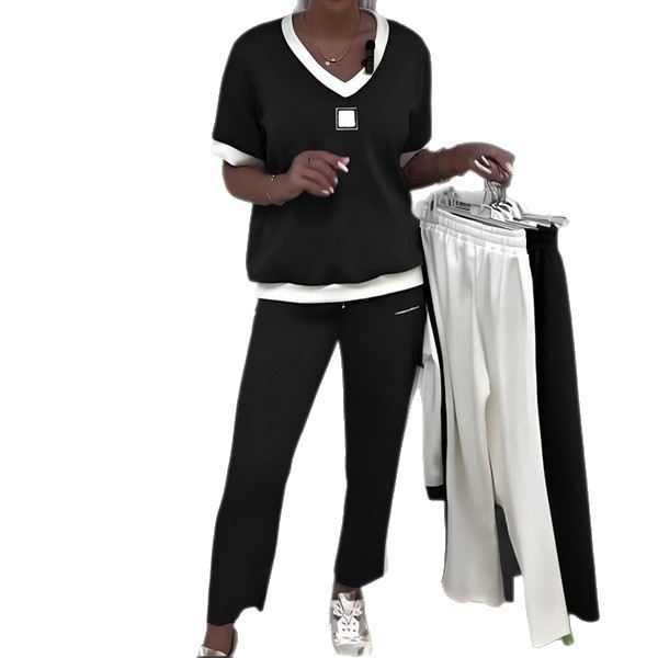 Women's V-Neck Short Sleeve Colorblock Top and Pants Sport Set