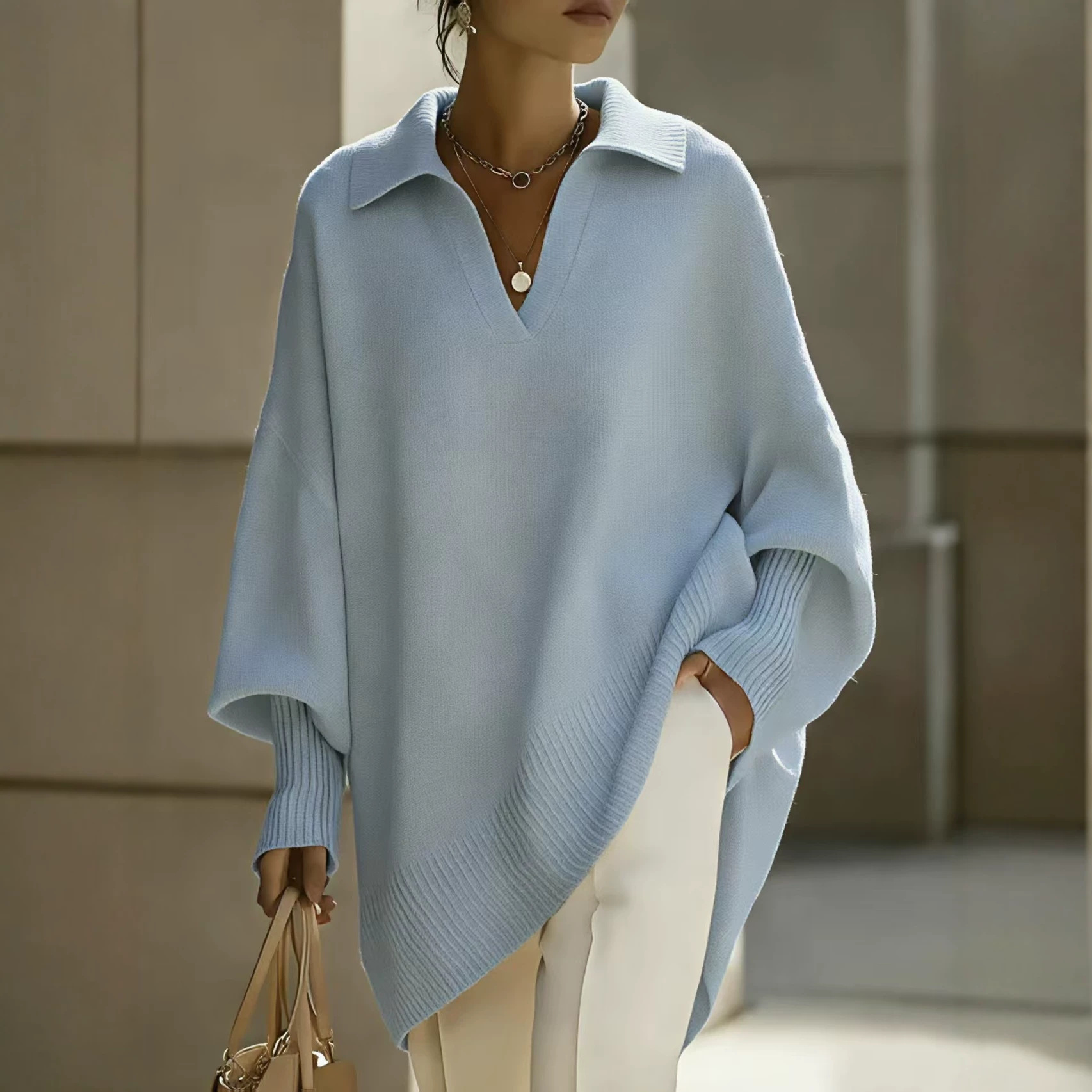 Women's Solid Color Long Sleeve V-Neck Loose Knit Sweater
