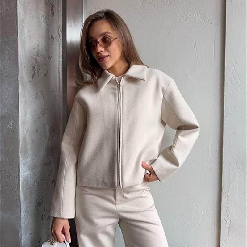 Women's Wool-Blend Zip Jacket with Lapel Collar Long Sleeve Loose Casual