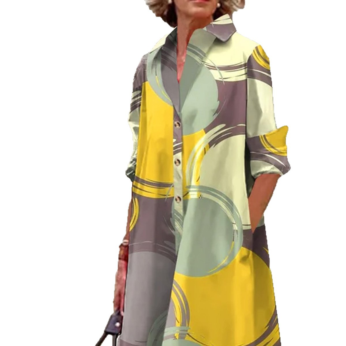 Geometric Print Midi Dress Long Sleeve Polo Collar A-Line Tie-Waist