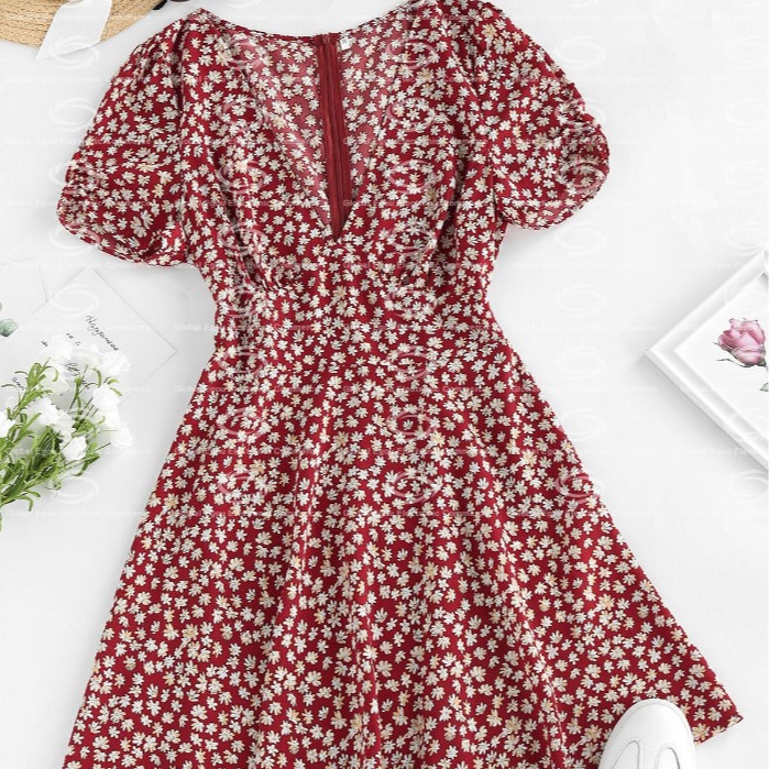 V-Neck Waist-Defined Digital Print Short-Sleeve Zip Dress