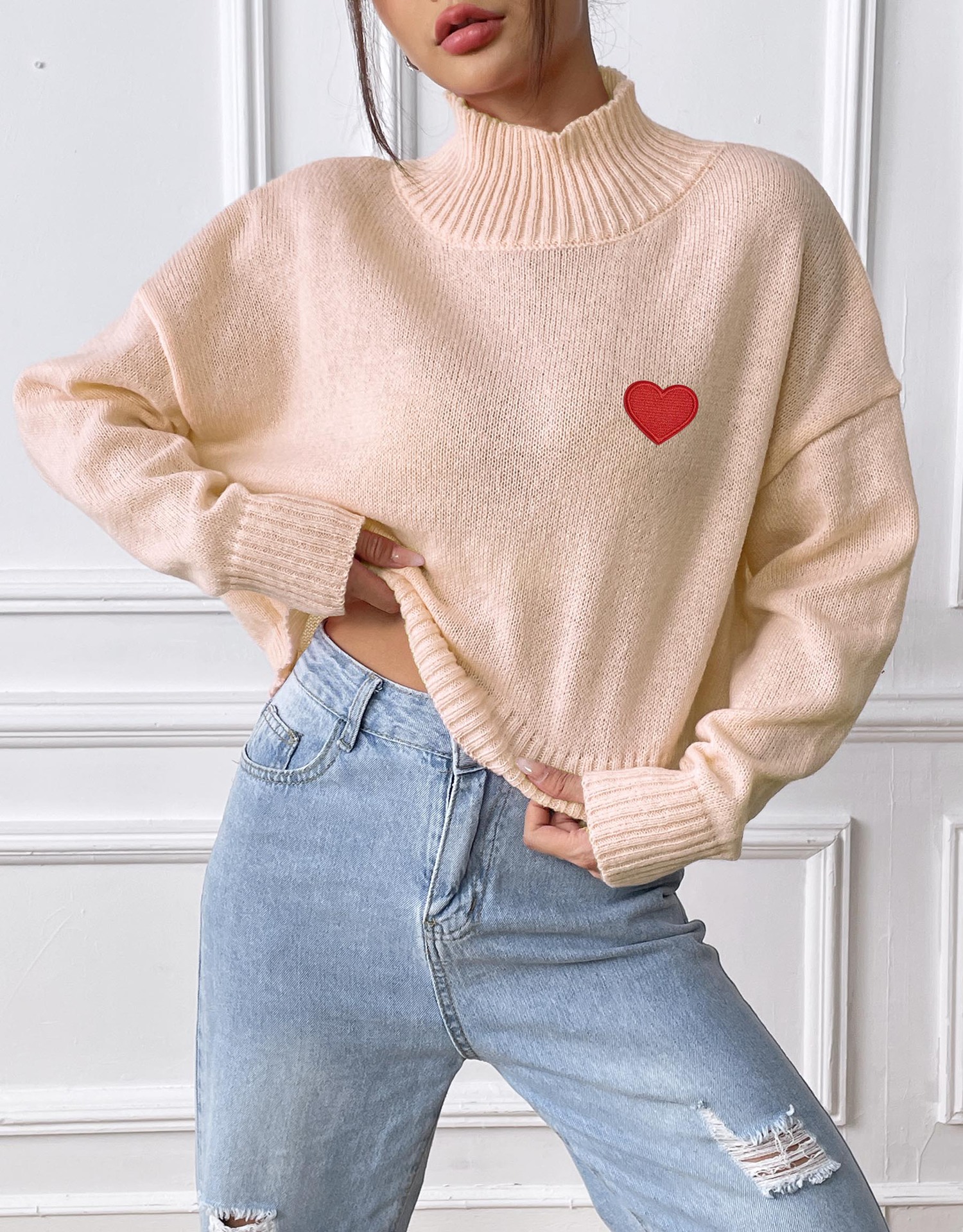 Women's Cropped Turtleneck Sweater with Heart Patch
