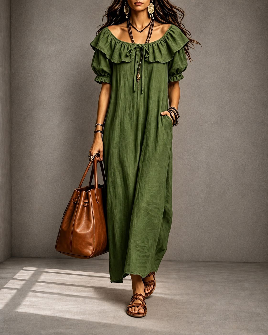 Ruffled Crew Neck A-Line Midi Dress for Beach Vacation