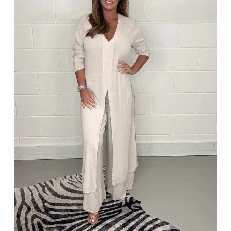 Solid Color Split Long Sleeve Top and Pants Set