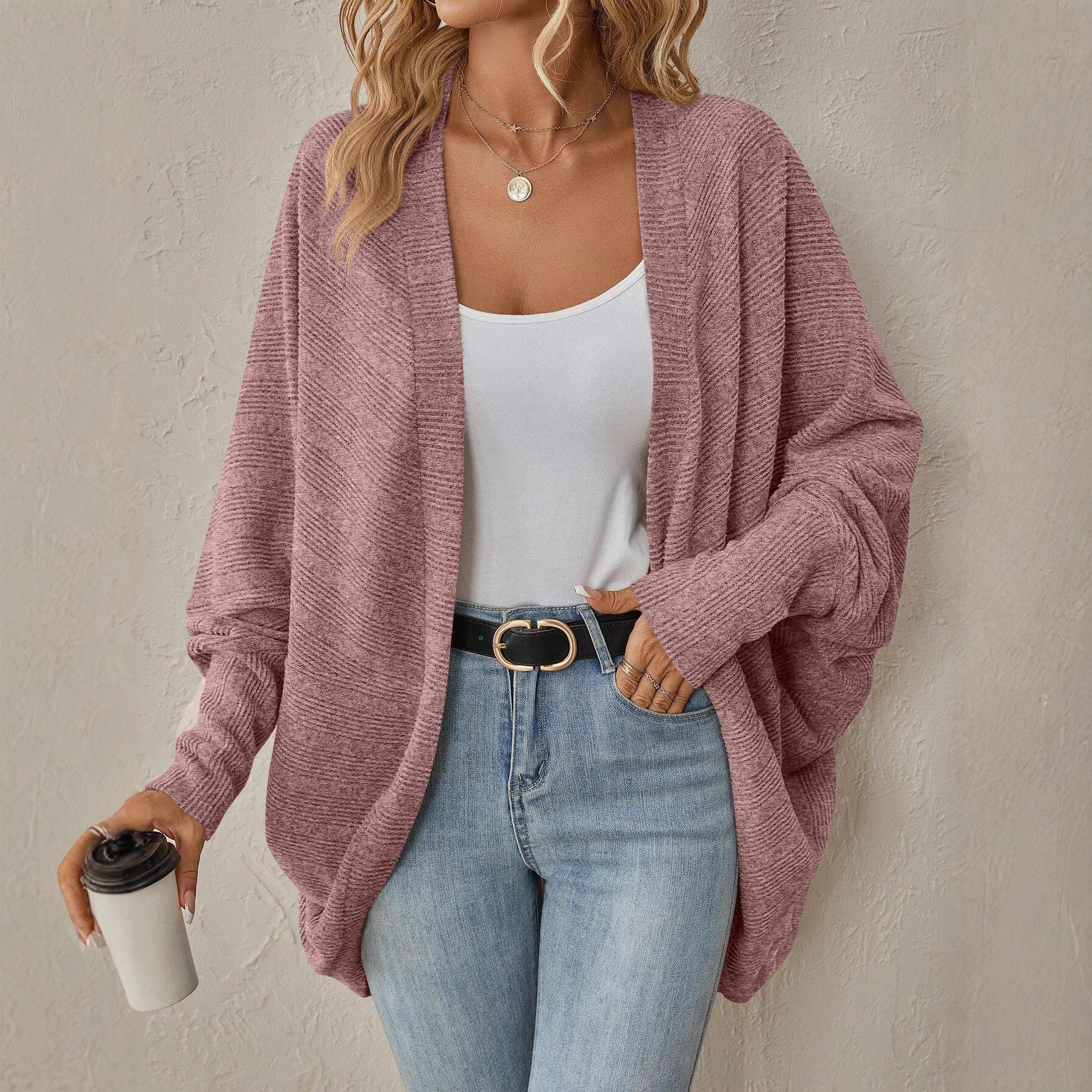 Women's Solid Color Midi Knit Cardigan V-Neck Long Sleeve