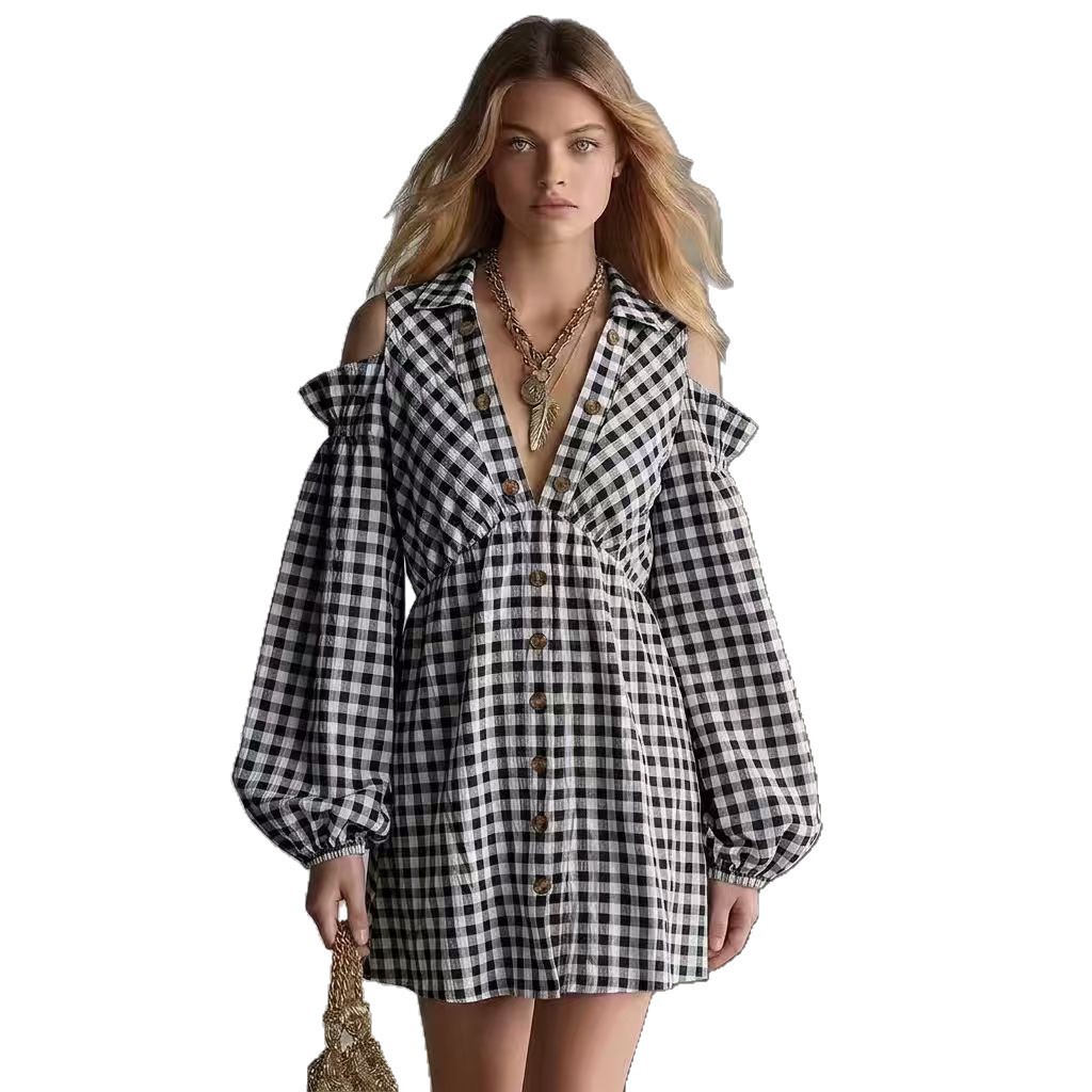 Retro Plaid Off-Shoulder Lantern Sleeve Midi Dress with Elastic Waist
