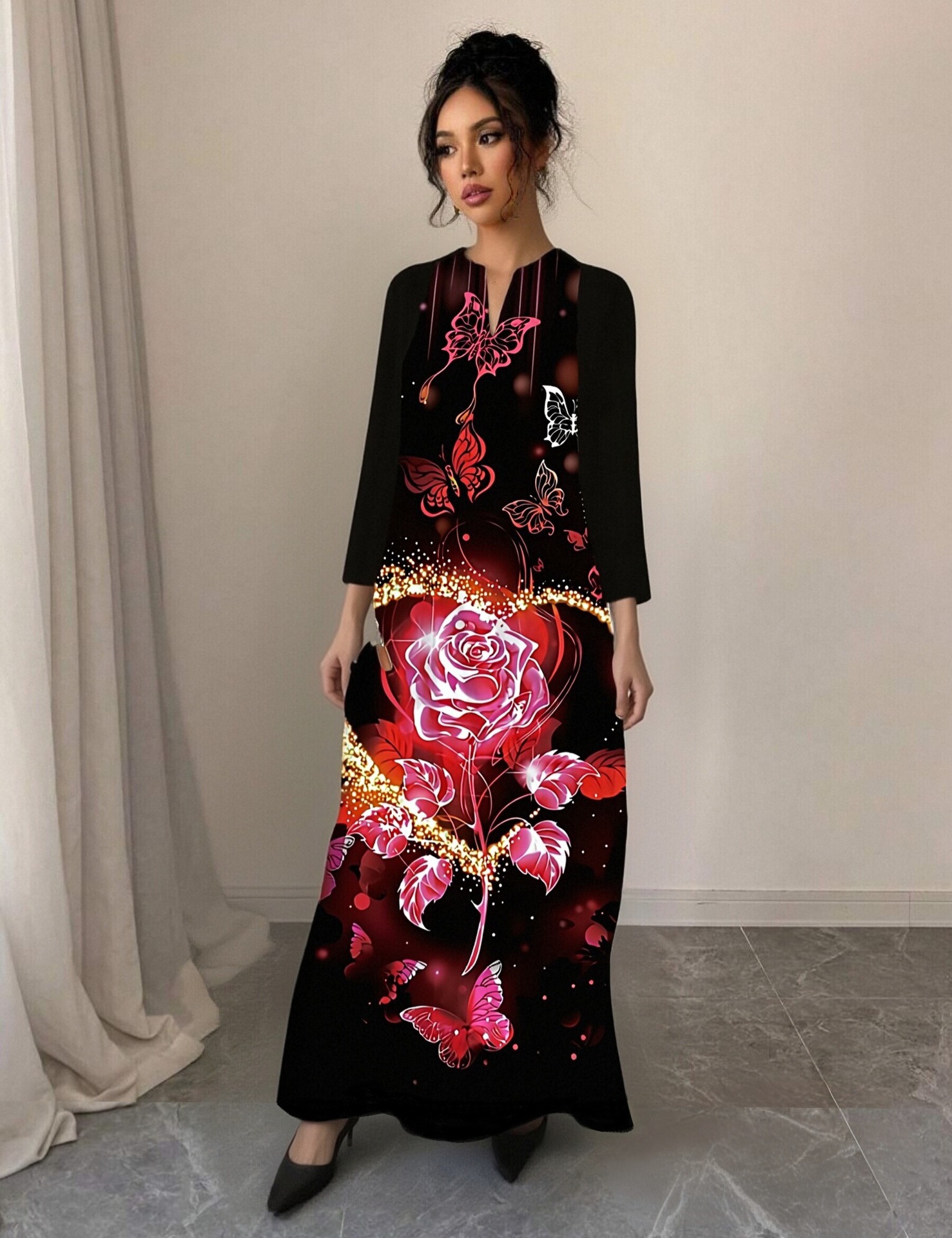 High-Saturation Colorblock Print Long Dress Loose Flattering A-Line V-Neck