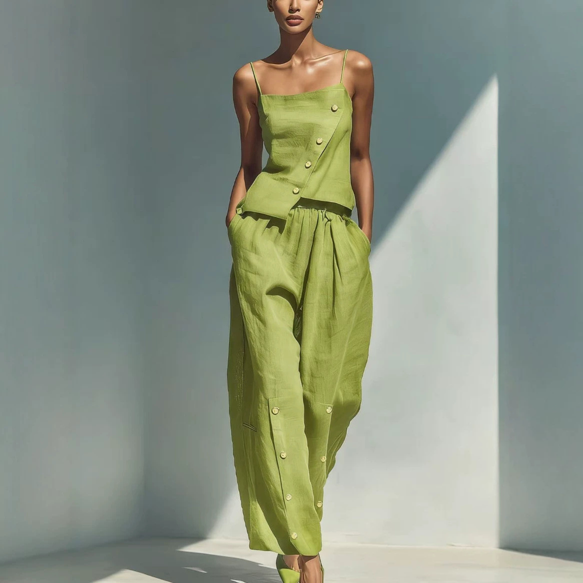 Women's Summer Linen Two-Piece Set Sleeveless Vest and Pants