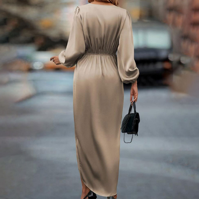 Solid V-Neck Long Sleeve High Waist Slit Maxi Dress