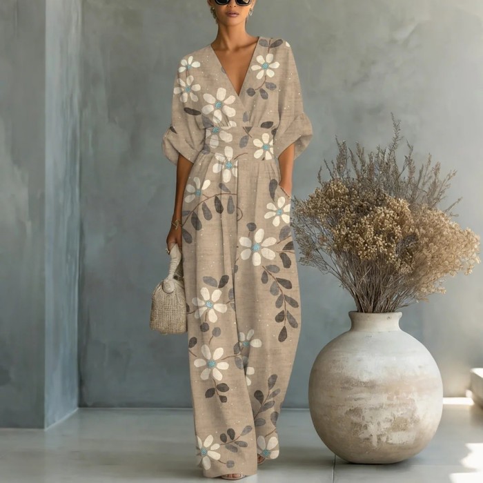 Elegant V-Neck Printed Jumpsuit with Cinched Waist