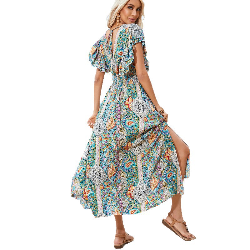 V-Neck Open-Back Floral Ruffle Short-Sleeve Slit Boho Vacation Dress