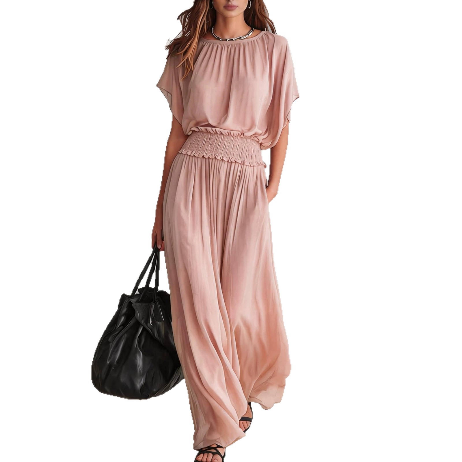 Chiffon Smocked Waist Long Dress