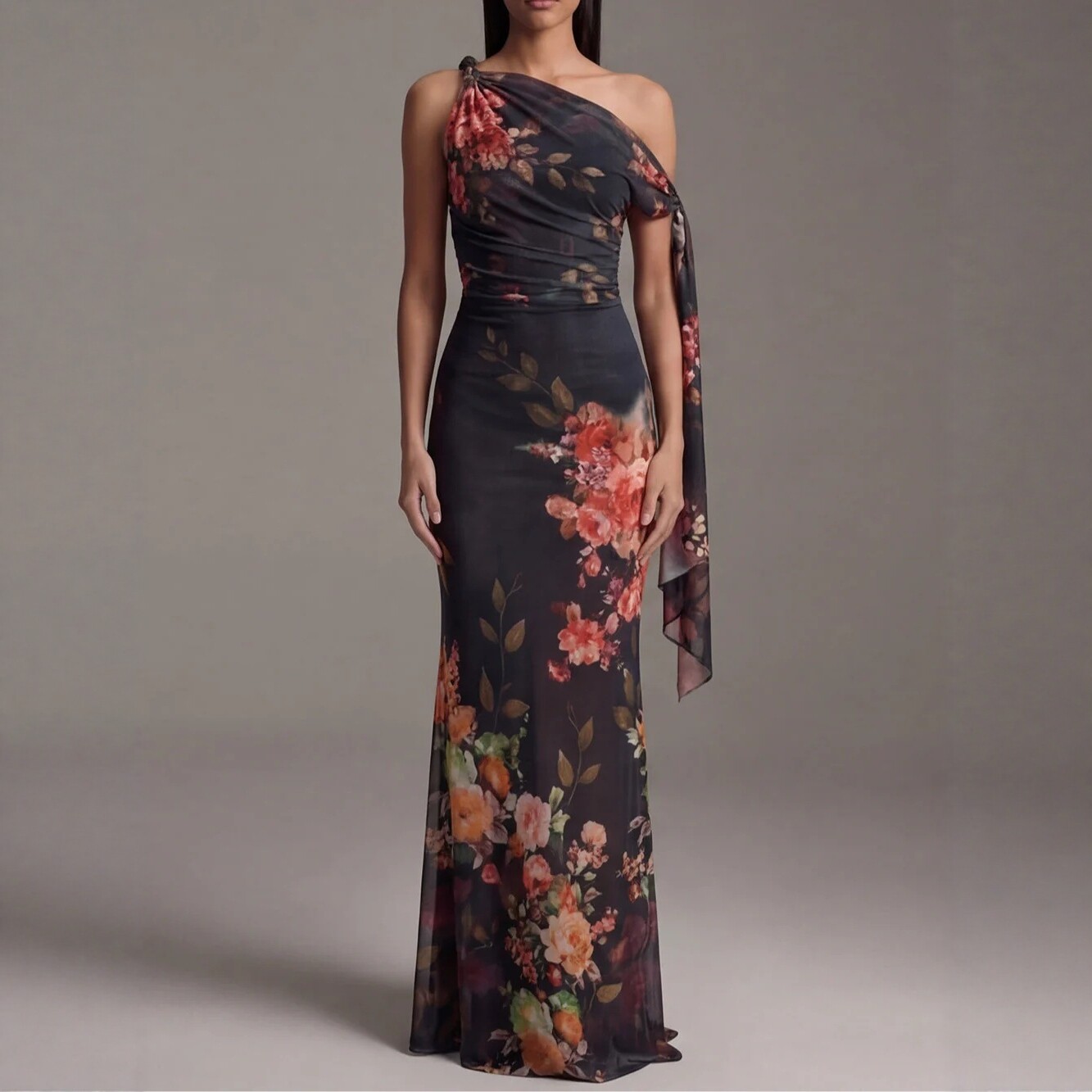 Sleeveless Digital Print One-Shoulder Waist-Cinched Long Dress