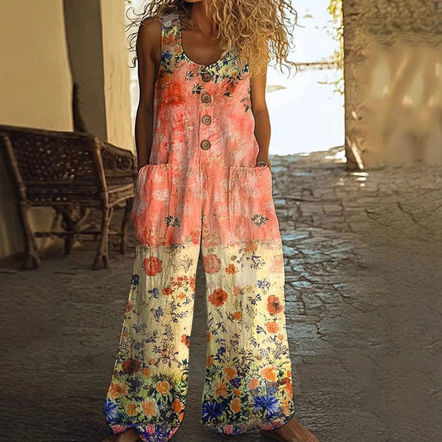 3D Floral Print Sleeveless Jumpsuit with Pockets