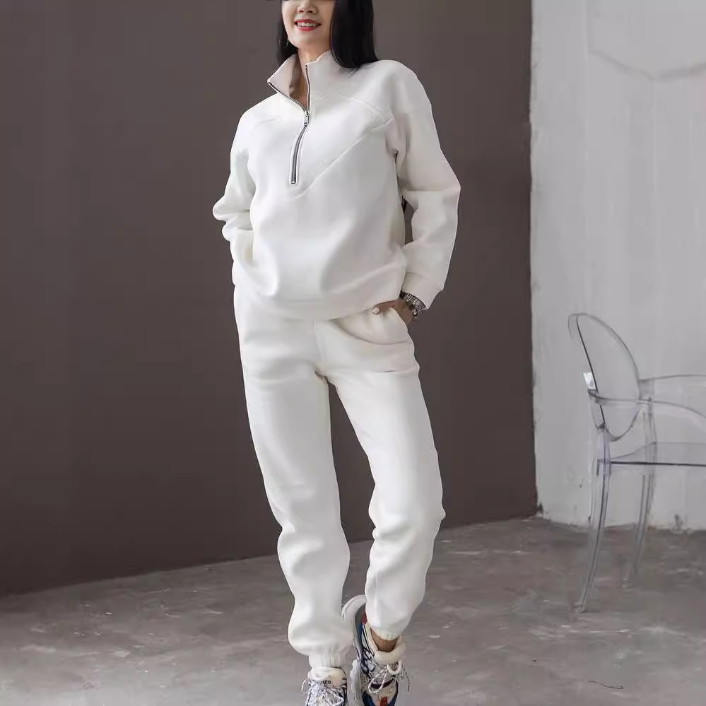 Fleece-Lined Hoodie and Jogger Two-Piece Set, Solid Color Long Sleeve
