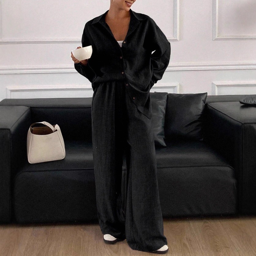 Relaxed Cotton-Linen Long-Sleeve Shirt and Pants Two-Piece Set in Apricot