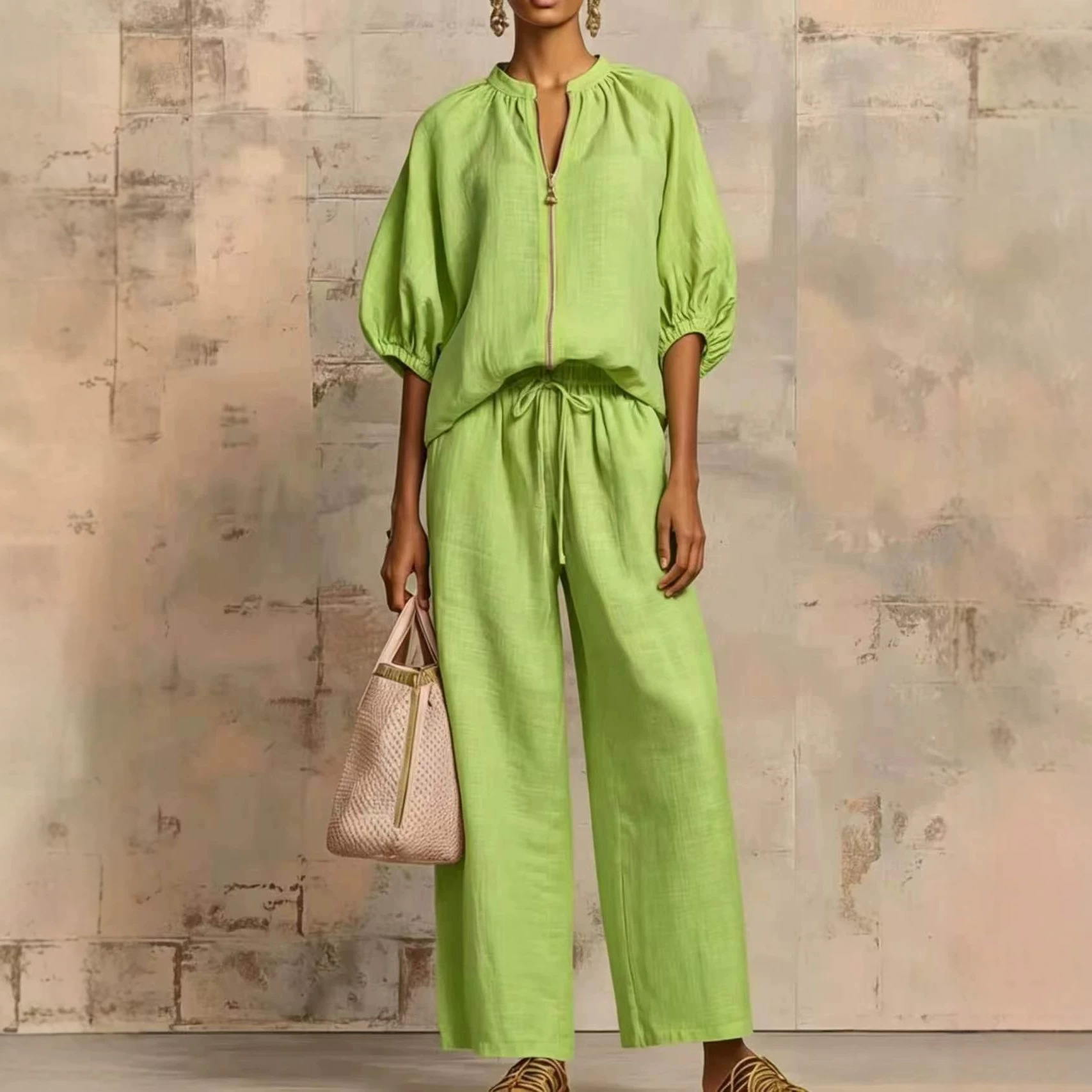 Women's Loose Casual Vacation Zip-Up Crew Neck Wide-Leg Pant Set