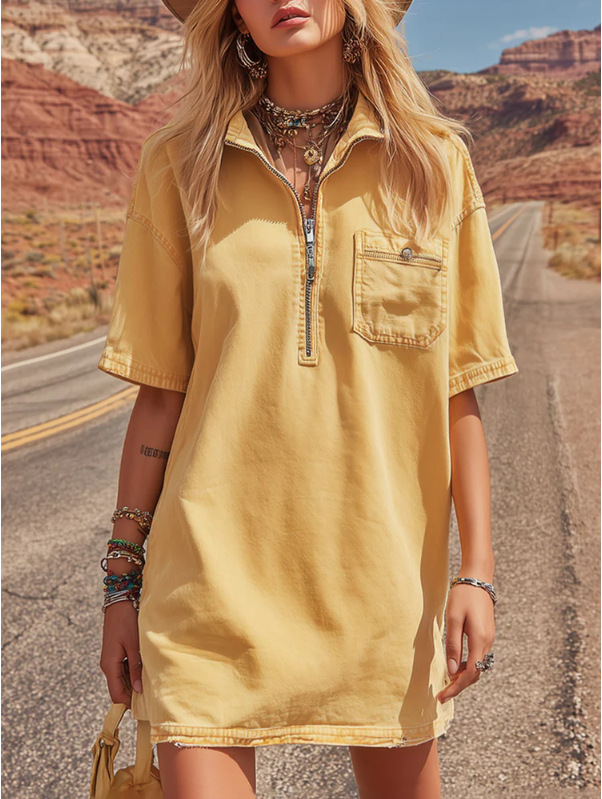 Retro Light Yellow Denim Short Sleeve Mini Dress