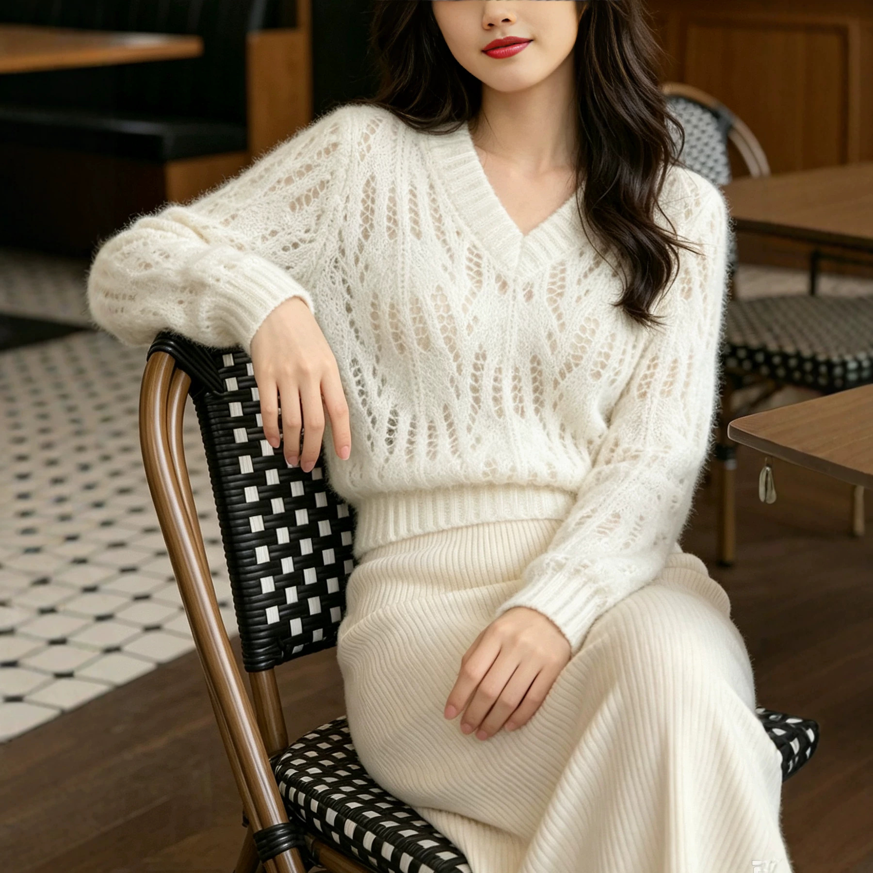 Women's Openwork Pullover Knit Sweater Long Sleeve Ribbed Trim Soft Fuzzy