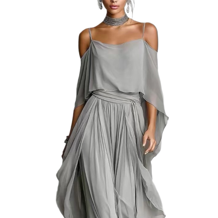 Gray Chiffon Off-Shoulder Cami & Wide-Leg Pants Set