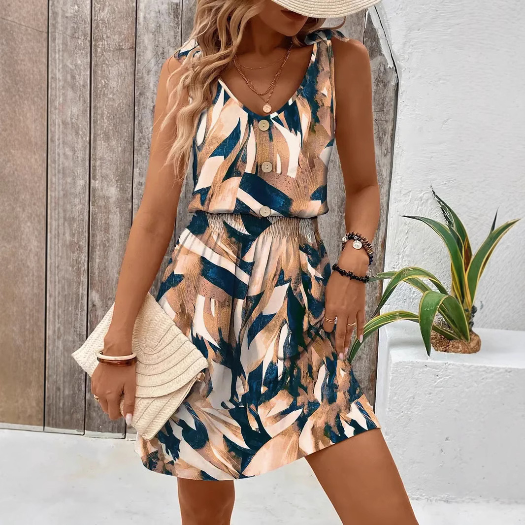 Geometric Print Sleeveless Tank Dress V-Neck High Waist