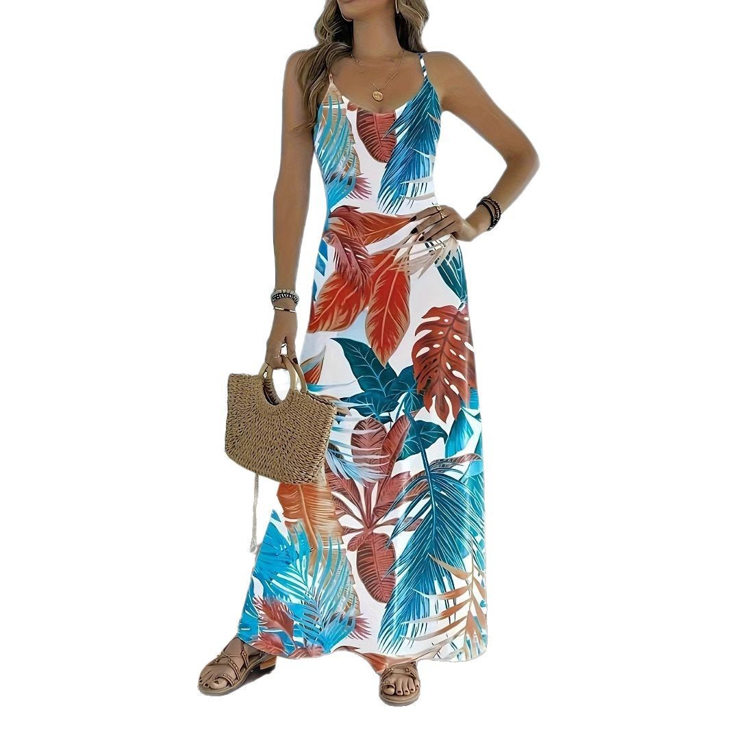 Women's Summer Beach Vacation Sleeveless Printed Maxi Dress