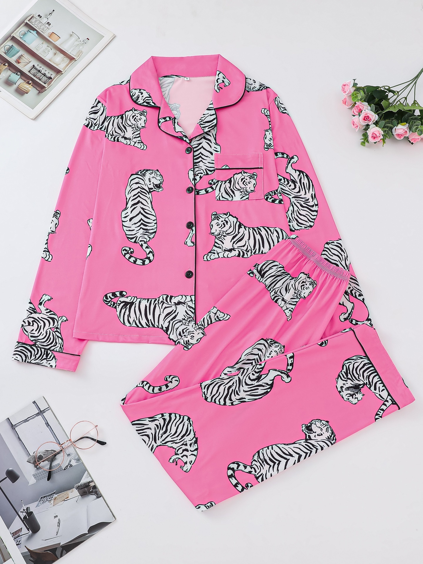 Cuban Collar Animal Print Women's Pant Set
