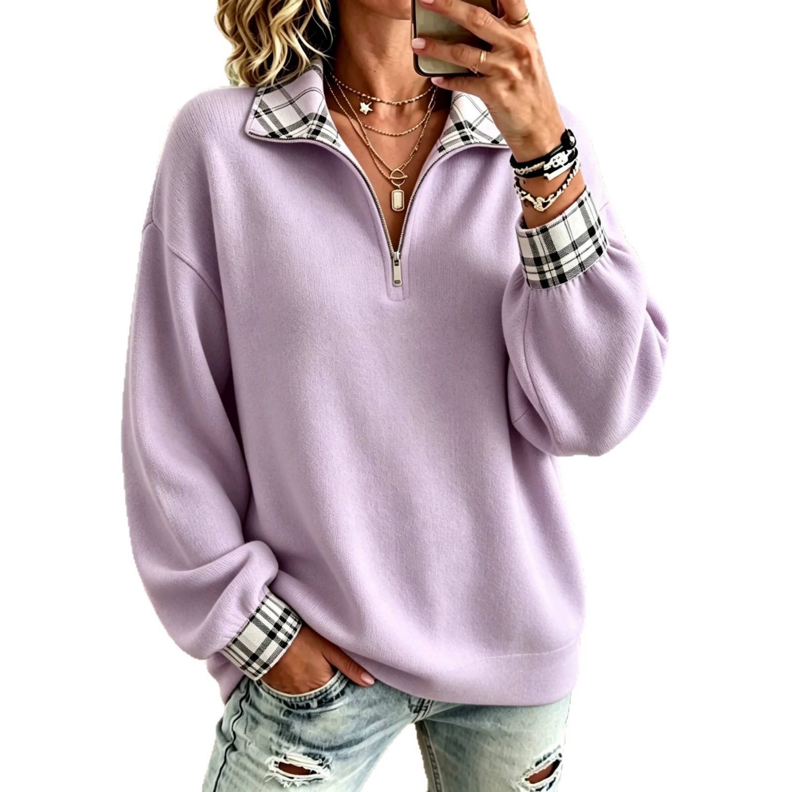 Plaid & Solid Print Half-Zip Stand Collar Hoodie for Women