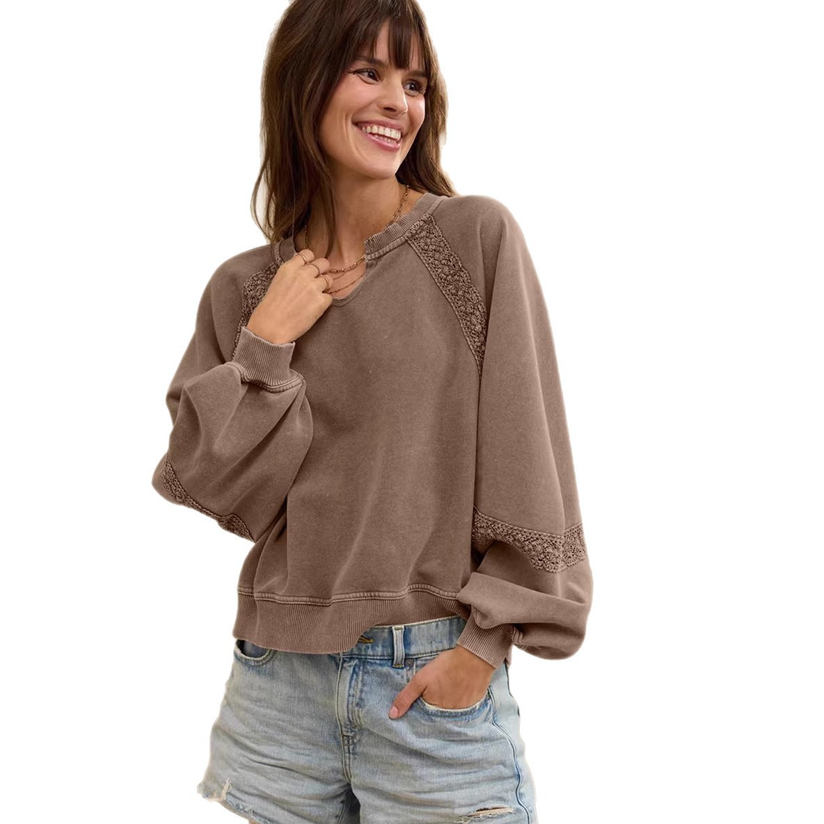 Solid Half-Open Collar Lace Trim Loose Long-Sleeve Sweatshirt