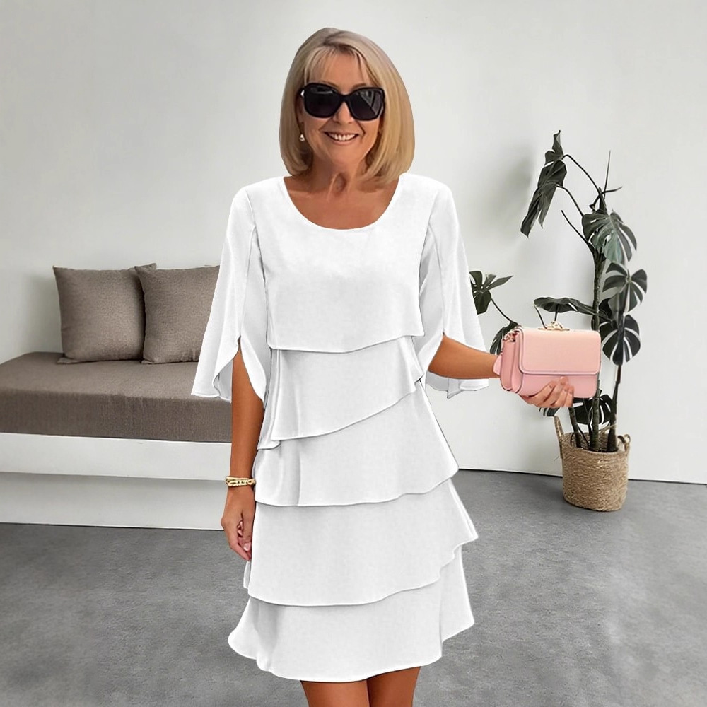 Women's Solid Color Round Neck Tiered Midi Dress