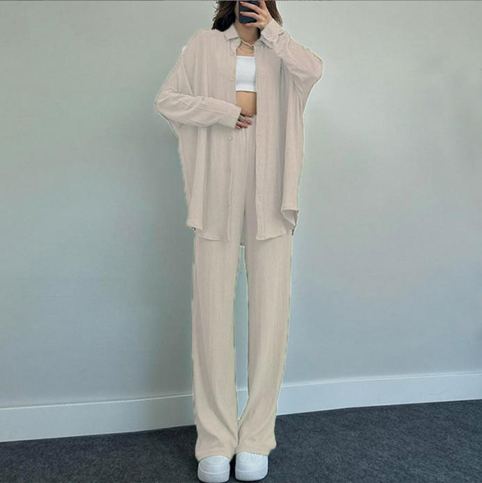 Women's Loose Stretch Crinkle Long Sleeve Shirt & Wide Leg Pants Casual 2-Piece Set