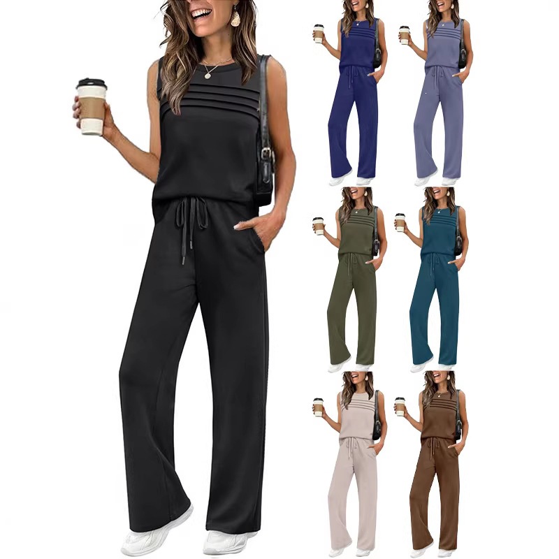 Women's Textured Sleeveless Vest & Wide-Leg Pants Set with Drawstring Pockets