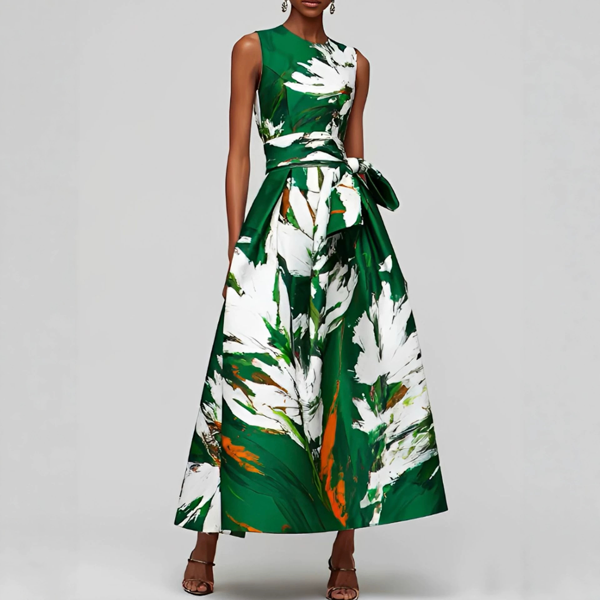 Elegant Floral Print Sleeveless Midi Dress with Round Neck and Waist Tie