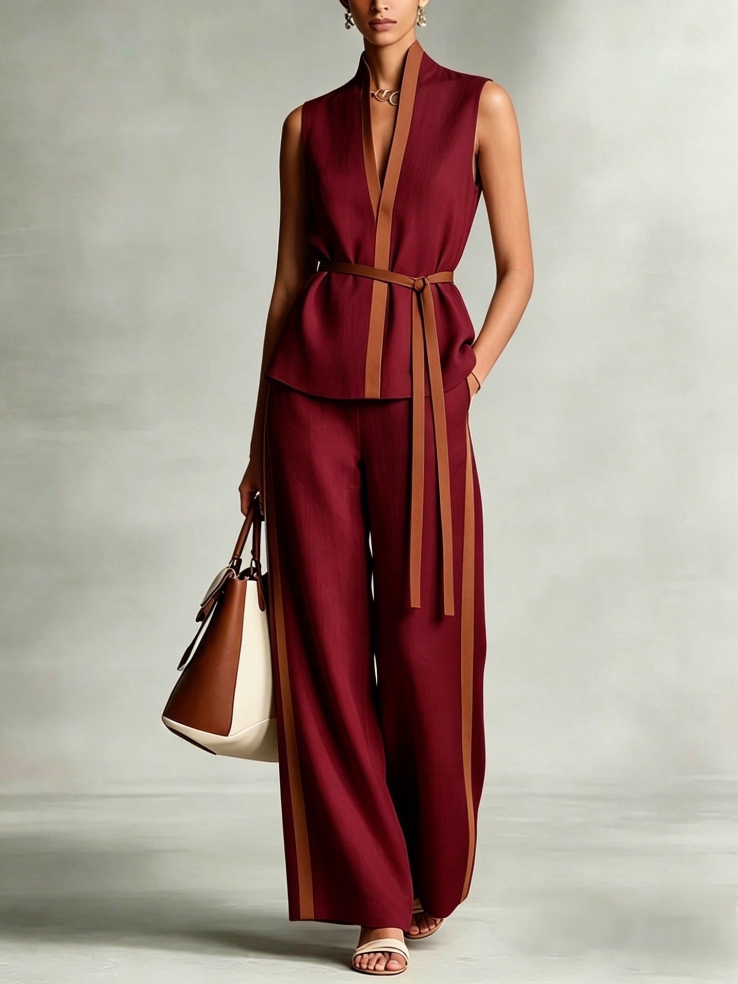 Women's Sleeveless Colorblock Top & Wide-Leg Pants Set