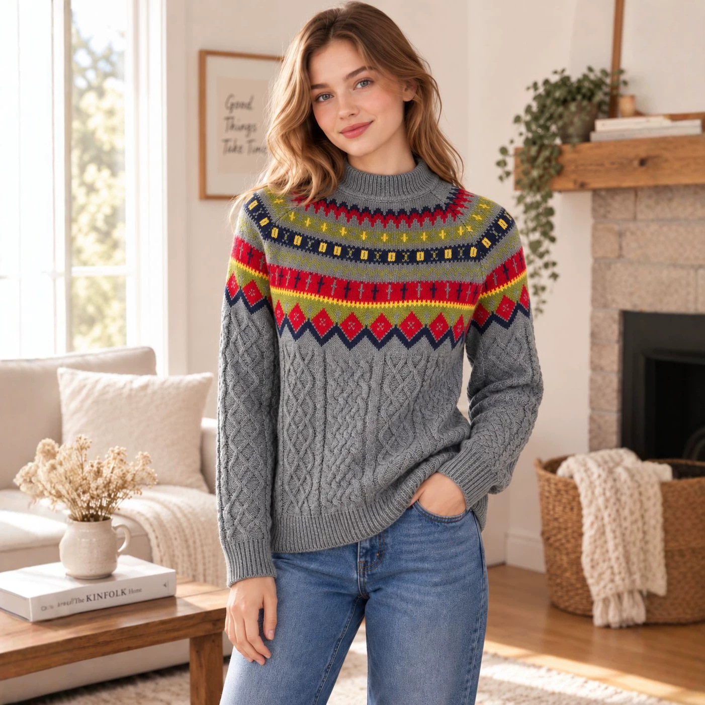 Fair Isle Jacquard Cable Knit Half-Turtleneck Sweater Women Loose Pullover