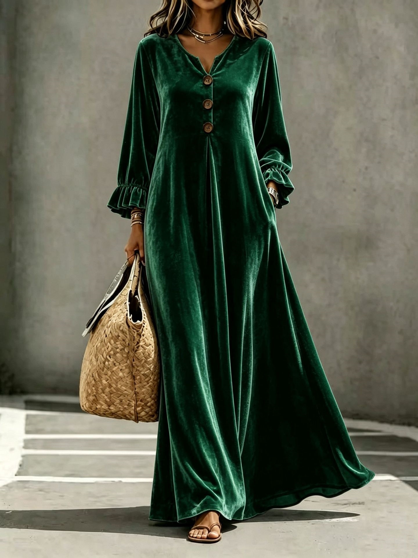 Velvet V-Neck Ruffle-Sleeve Long A-Line Dress