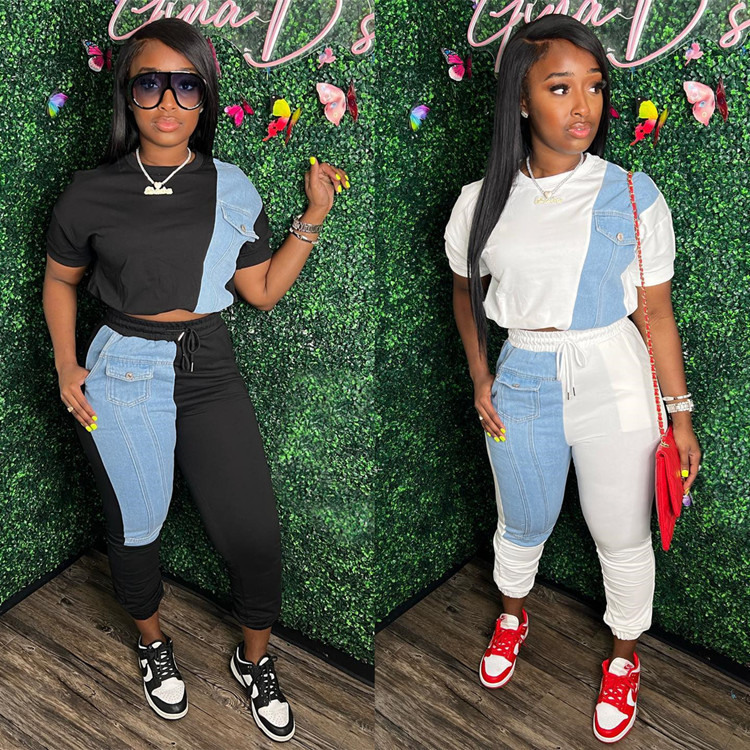 Women's Colorblock Hoodie & Denim Pants Two-Piece Set