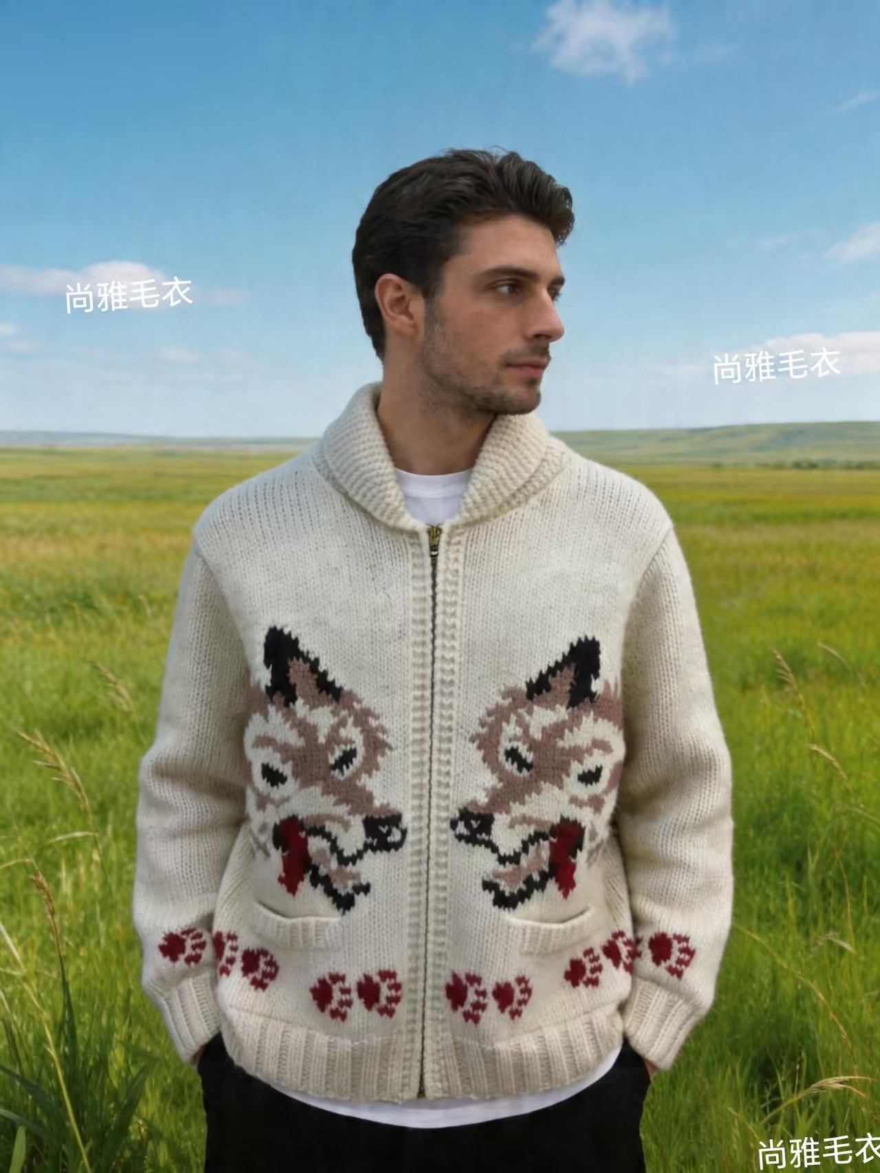 Retro Wolf Head Jacquard Zip Cardigan Chunky Knit Unisex
