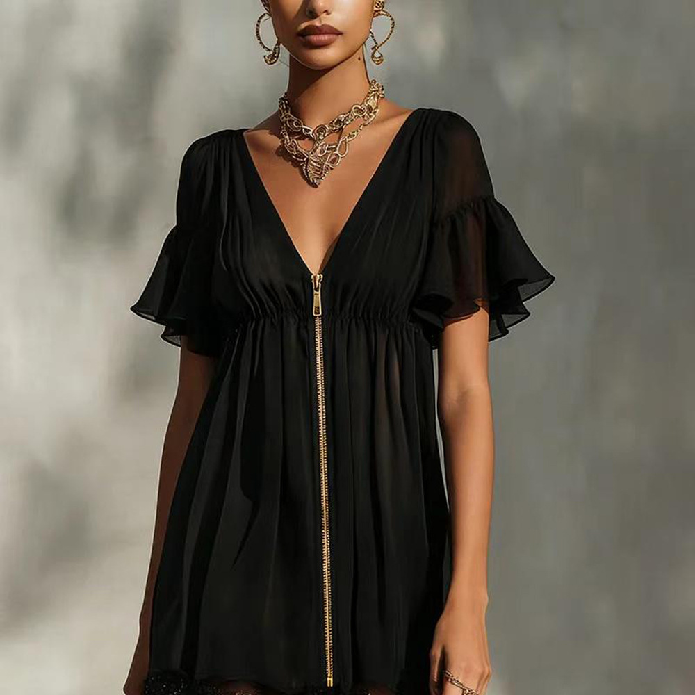 Women's Solid V-Neck Zip Lace Panel Dress