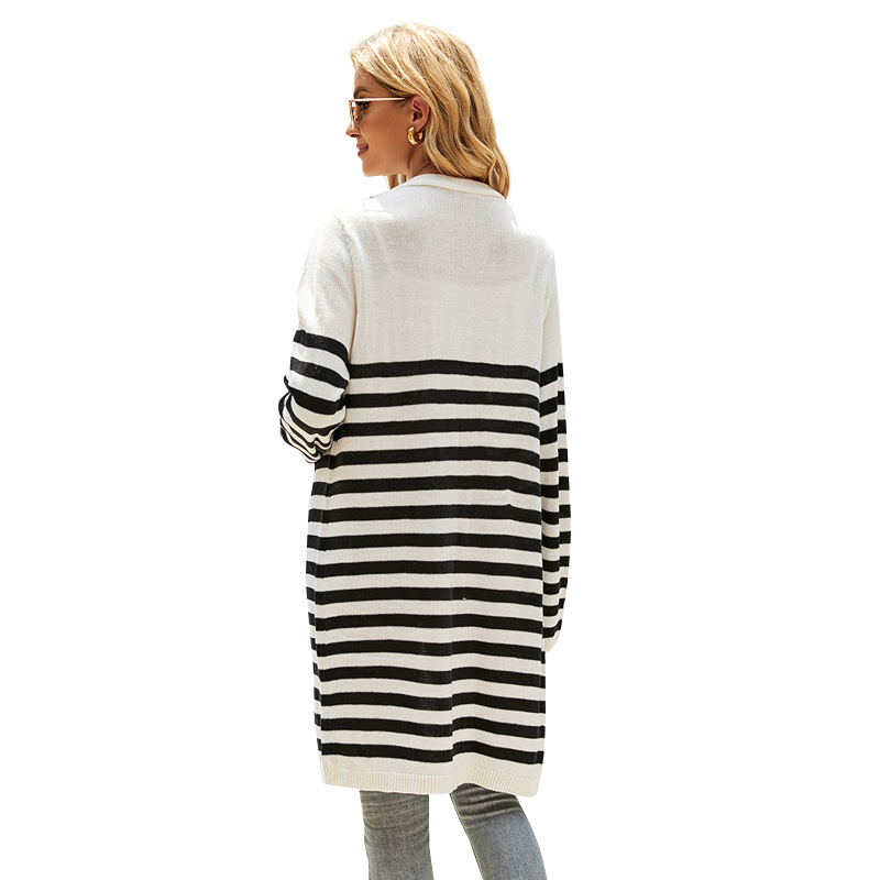 Striped Knit Cardigan Long Sleeve Loose Longline Sweater Coat