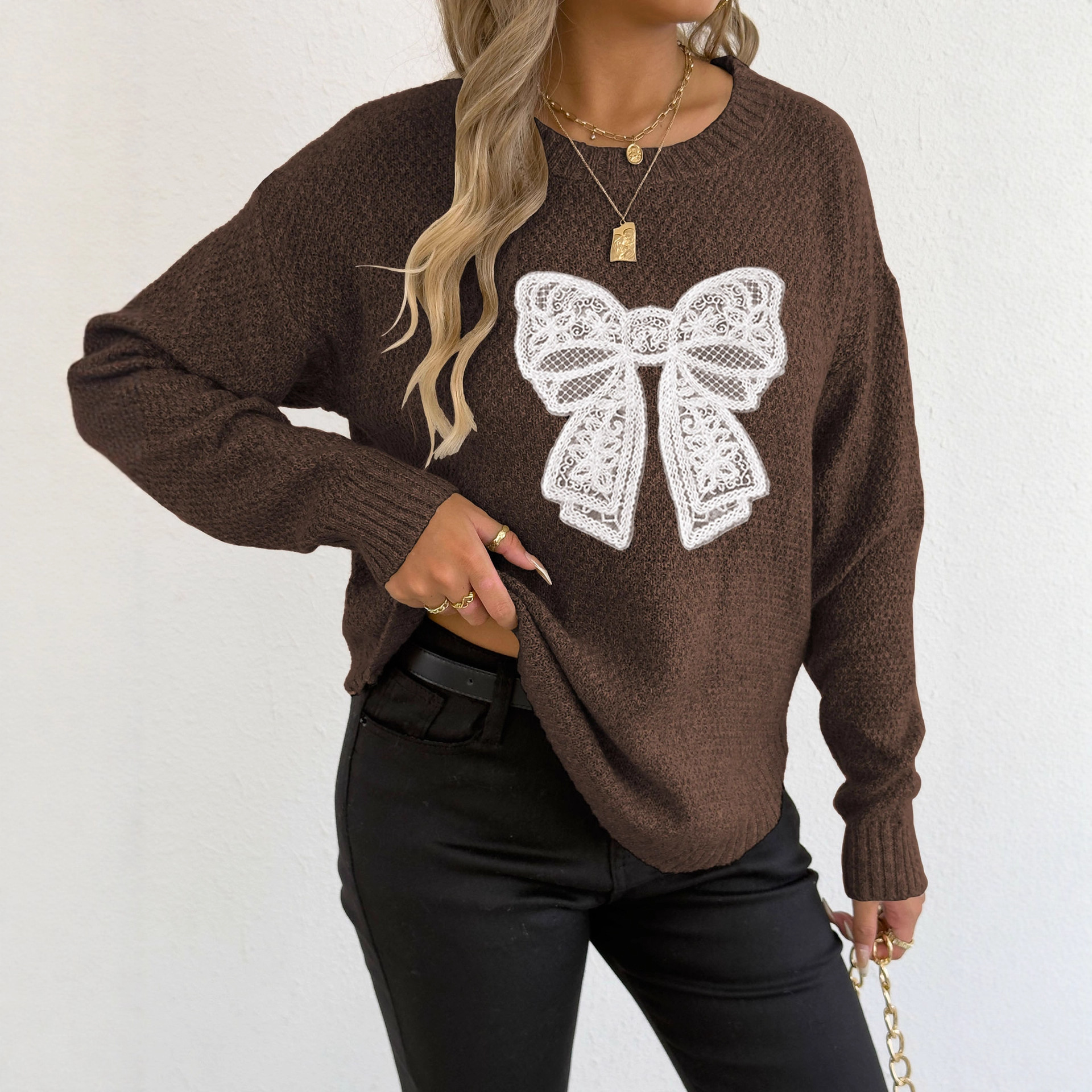 Embroidered Lace Butterfly Knit Sweater Crewneck Pullover