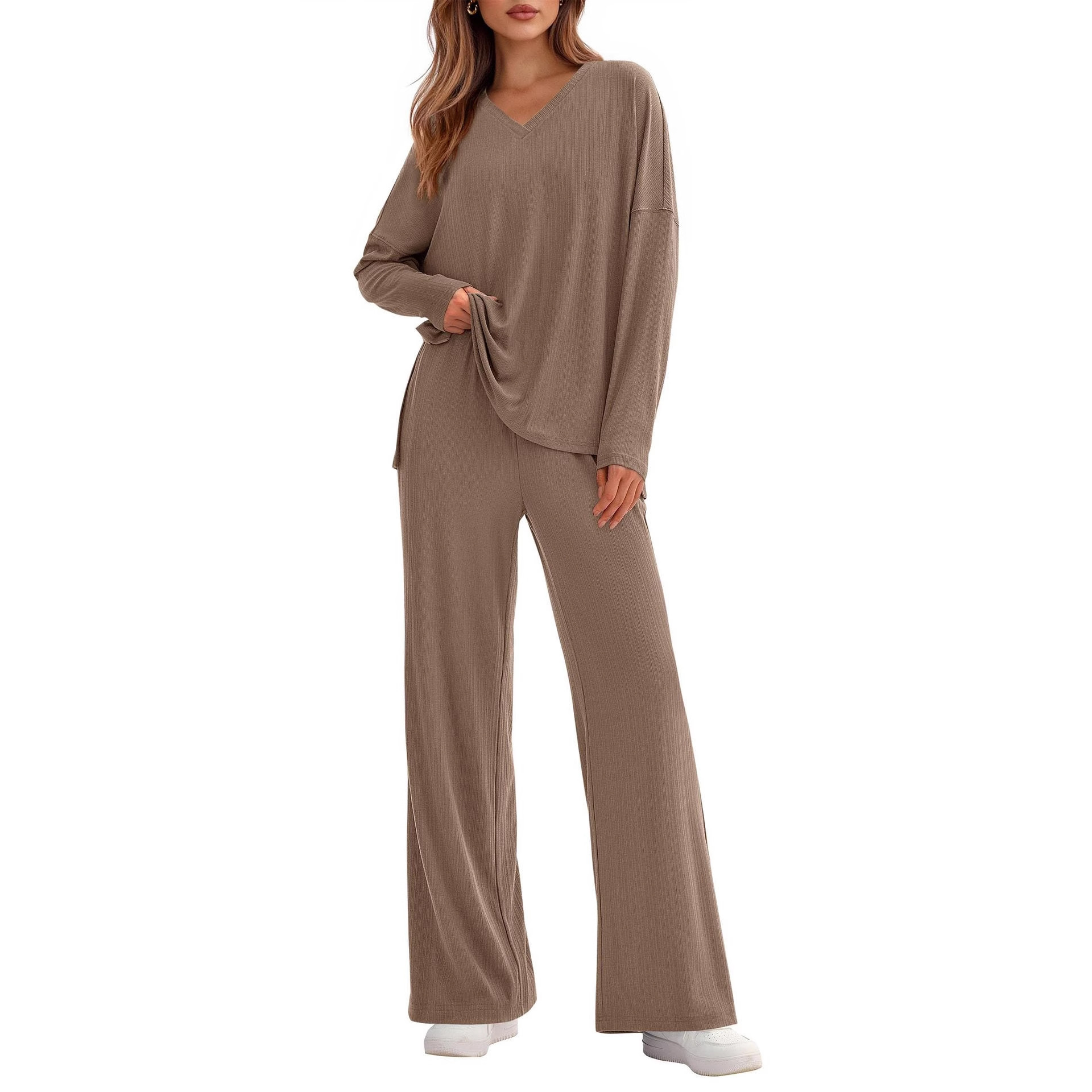 Women's Relaxed Long-Sleeve Top and Pants Two-Piece Set with Pockets